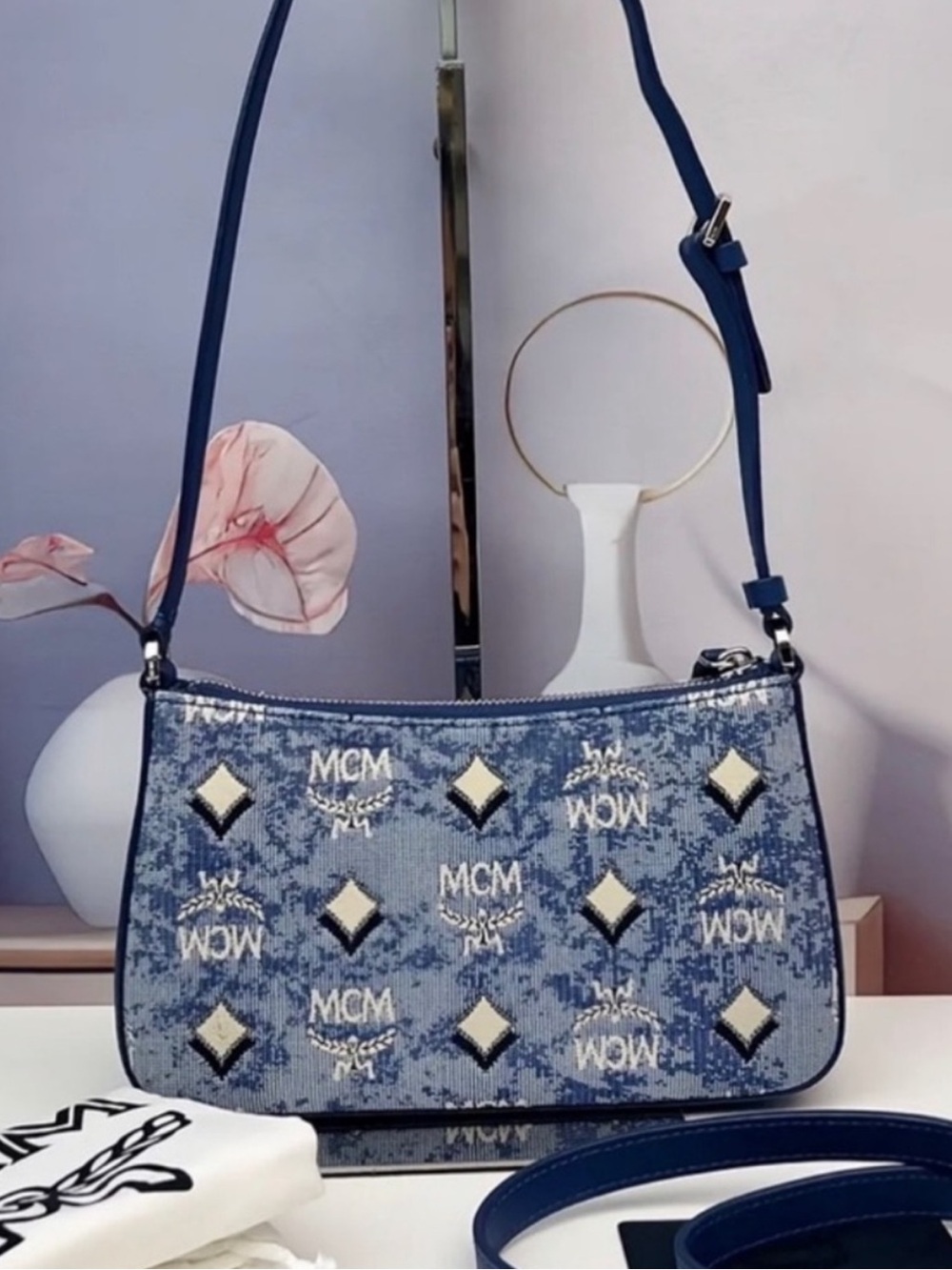 MCM Blue White Logo Jacquard Crossbody Bag - Picture 2 of 9